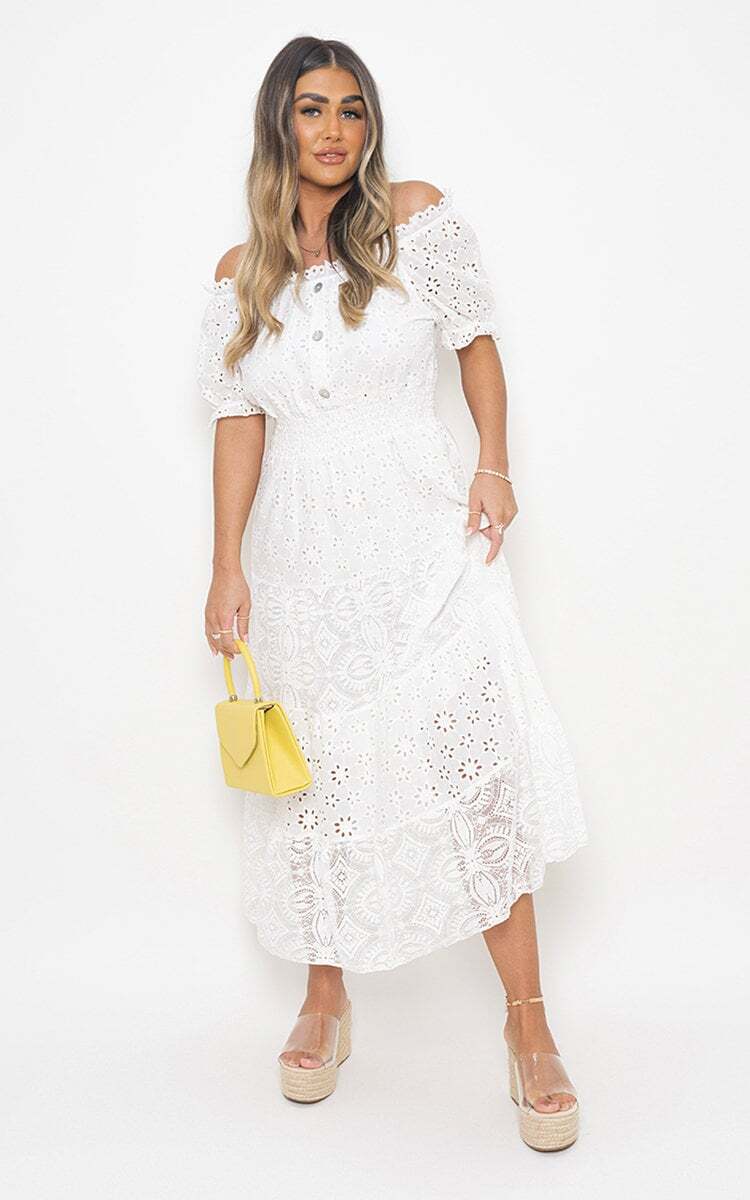 Melissa Summer Casual Boho Embroidered Lace Off Shoulder Maxi Dress in White