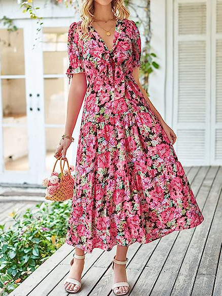 Summer Boho Dress Tie Front Deep V Neck Cutout Short Sleeve Floral Casual Party Beach Maxi Dresses