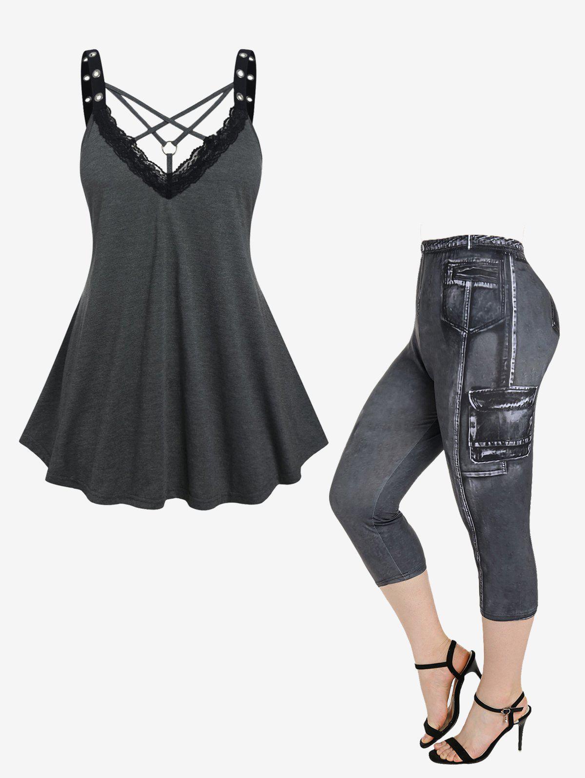 Lace Trim Grommet Gothic Tunic Top and 3D Jeans Printed Leggings Plus Size Summer Outfit