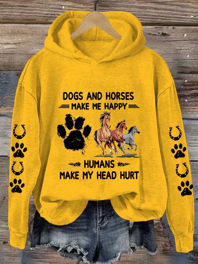 Women's Horses & Dogs Make Me Happy Humans Make My Head Hurt Dog Lovers Printed Casual Hoodie