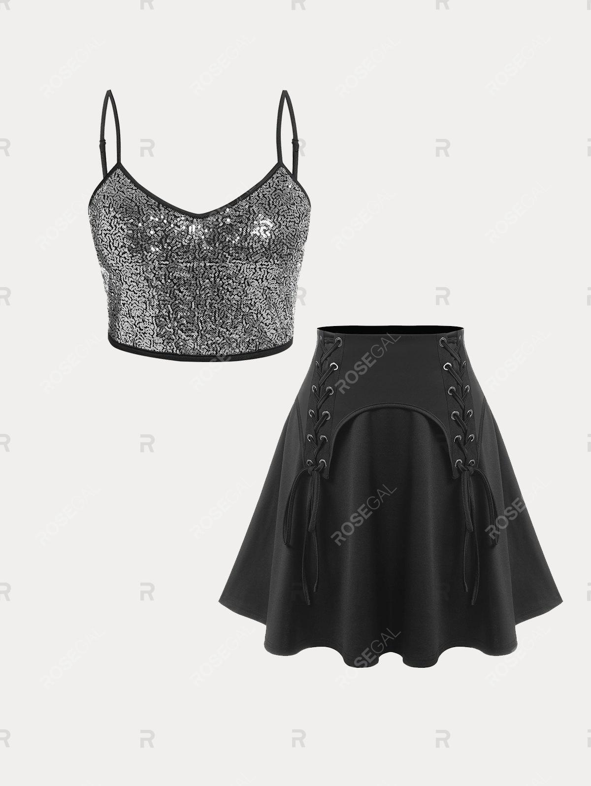 Sequin Bra Top and Lace Up Mini A Line Skirt Plus Size Festival Outfit