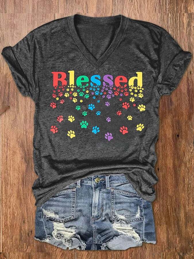 Women's Colorful Blessed Paws Dog Lover Casual V-Neck Tee