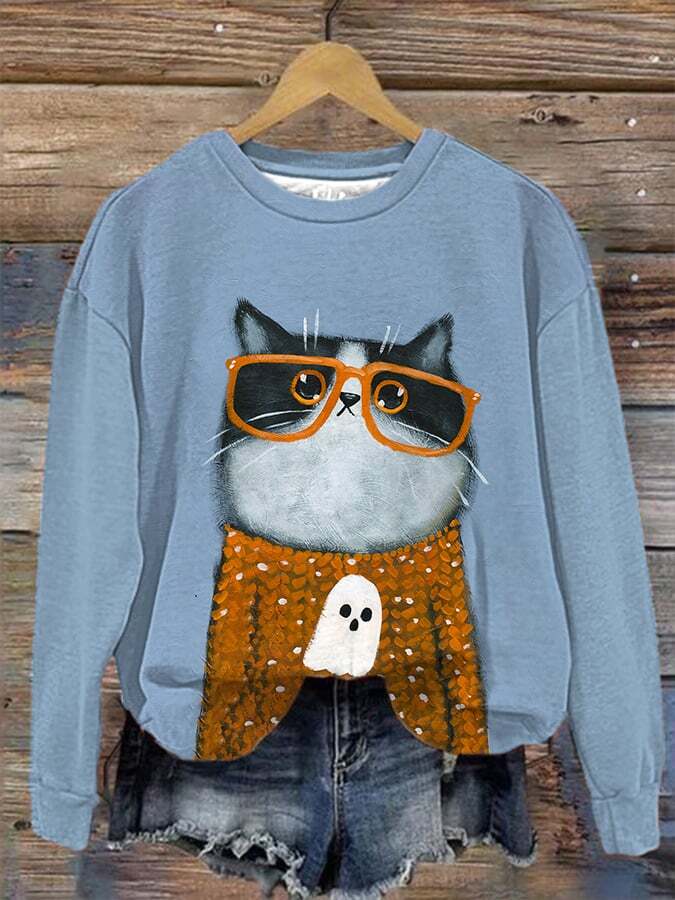 Women's Ghost Sweater Kitten Print Hooded Sweatshirt
