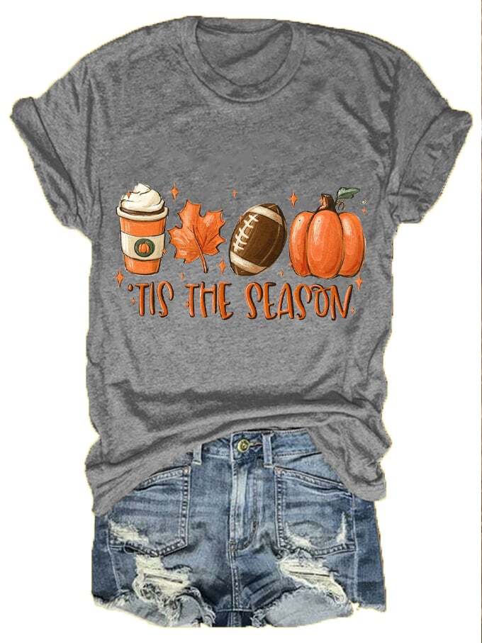 Women's Tis The Season Pumpkin Football Maple Leaf Autumn Print T-Shirt