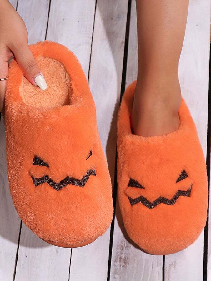 Women's Halloween Pumpkin Face Fur Slippers