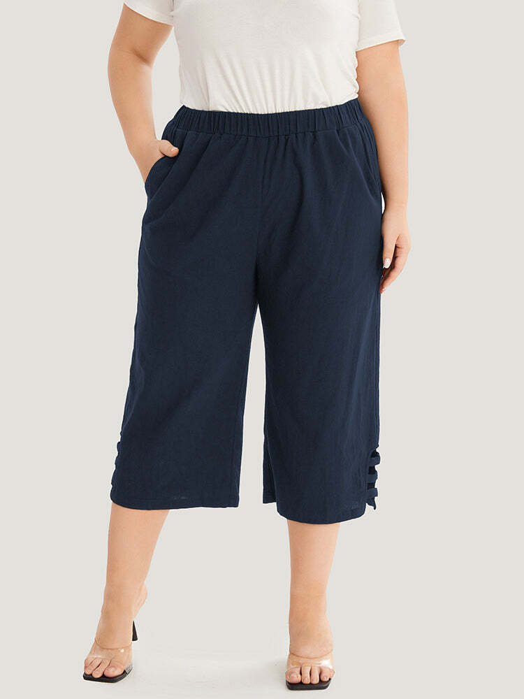 Solid Cut Out Pocket Loose Cropped Pants