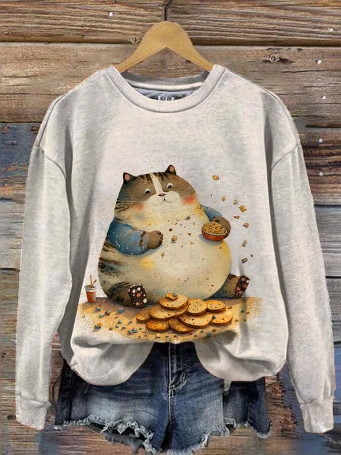 Women's cute fat cat print crew neck sweatshirt