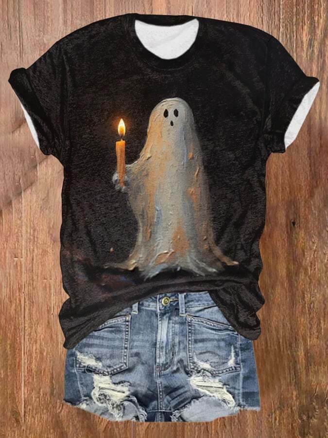 Retro Ghost Painting Candle Print T-Shirt