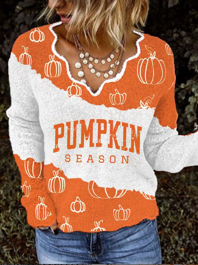 Women's Thanksgiving Pumpkin Season Print V-Neck Top