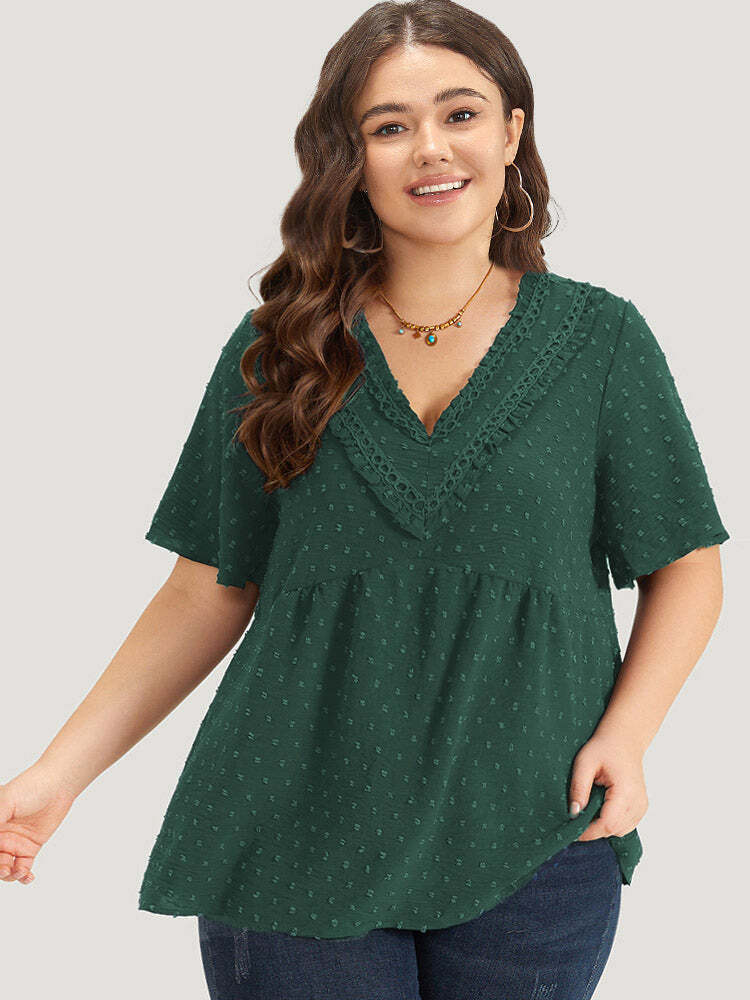 Polka Dot Frill Trim V Neck Flutter Blouse