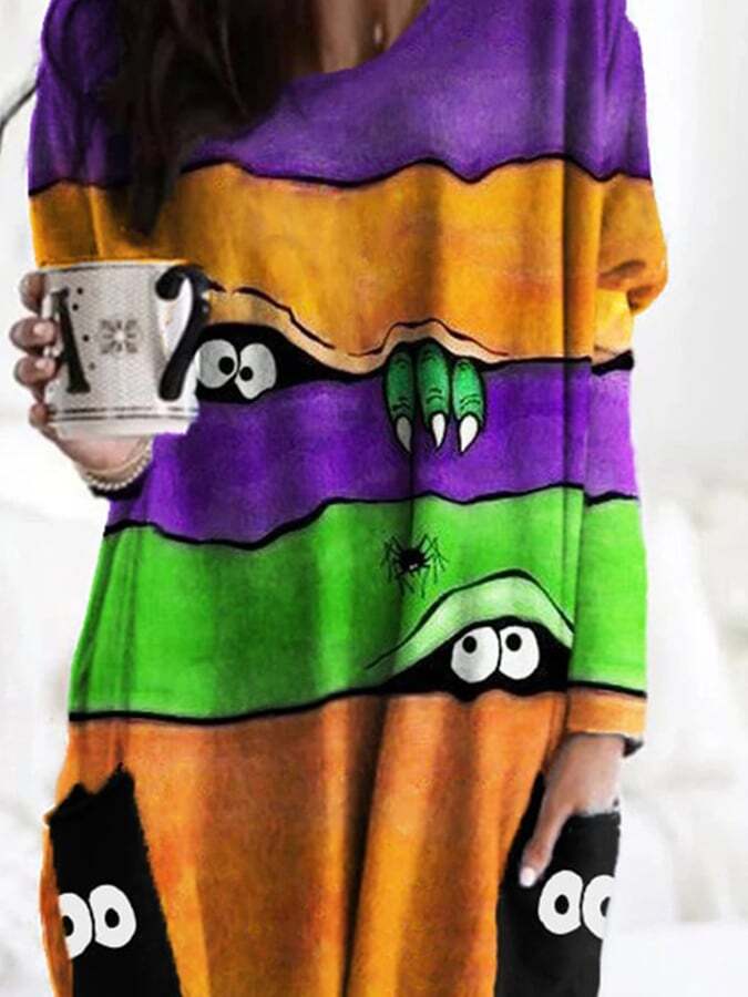 Fashion Pocket Halloween Peek Monster Print Long Sleeve Top