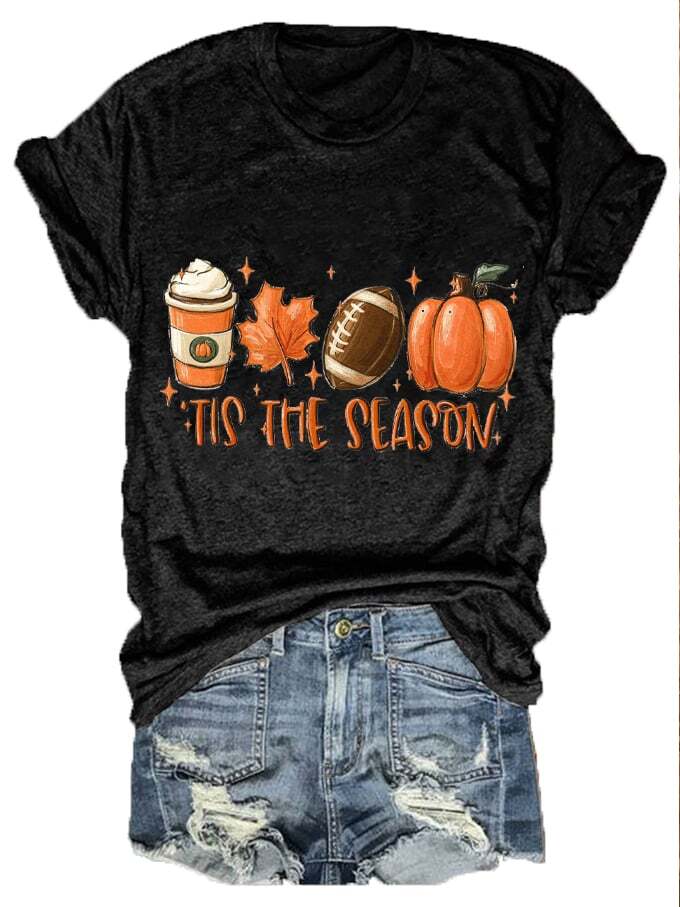 Women's Tis The Season Pumpkin Football Maple Leaf Autumn Print T-Shirt