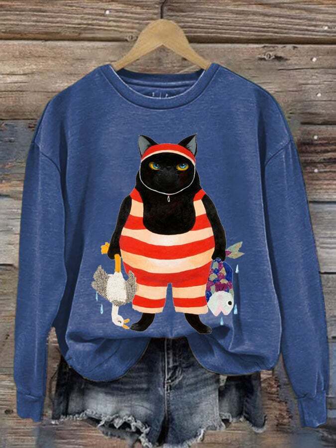 Women's Cat Printed Round Neck Sweatshirt