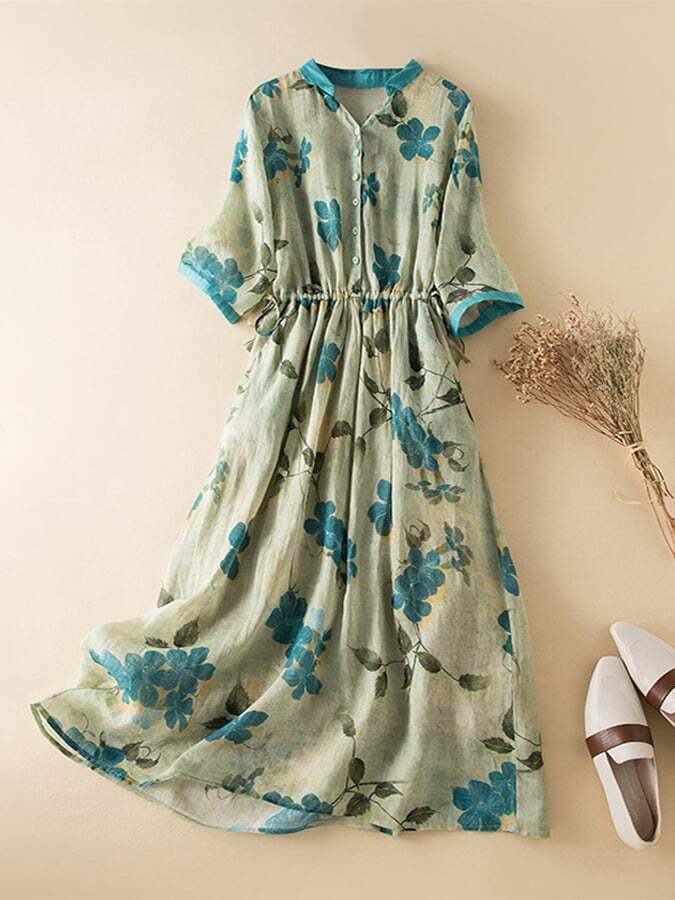 Floral Contrasting V-neck Dress