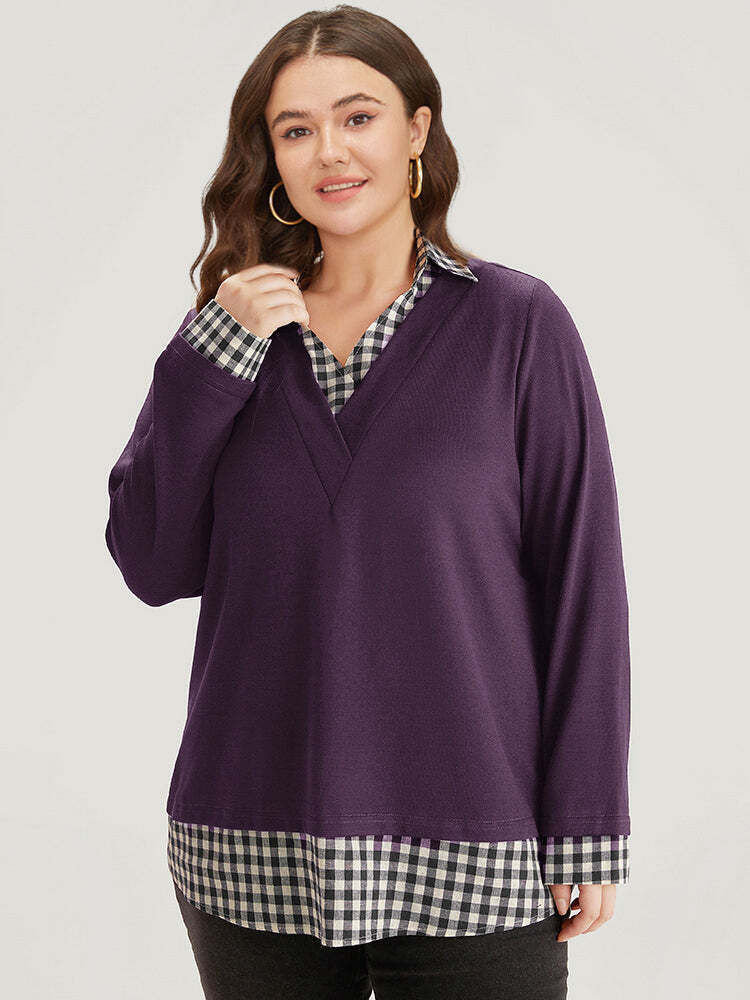 (🔥Last Day Promotion 49% OFF) - Gingham Patchwork Shirt Collar Arc Hem Sweatshirt