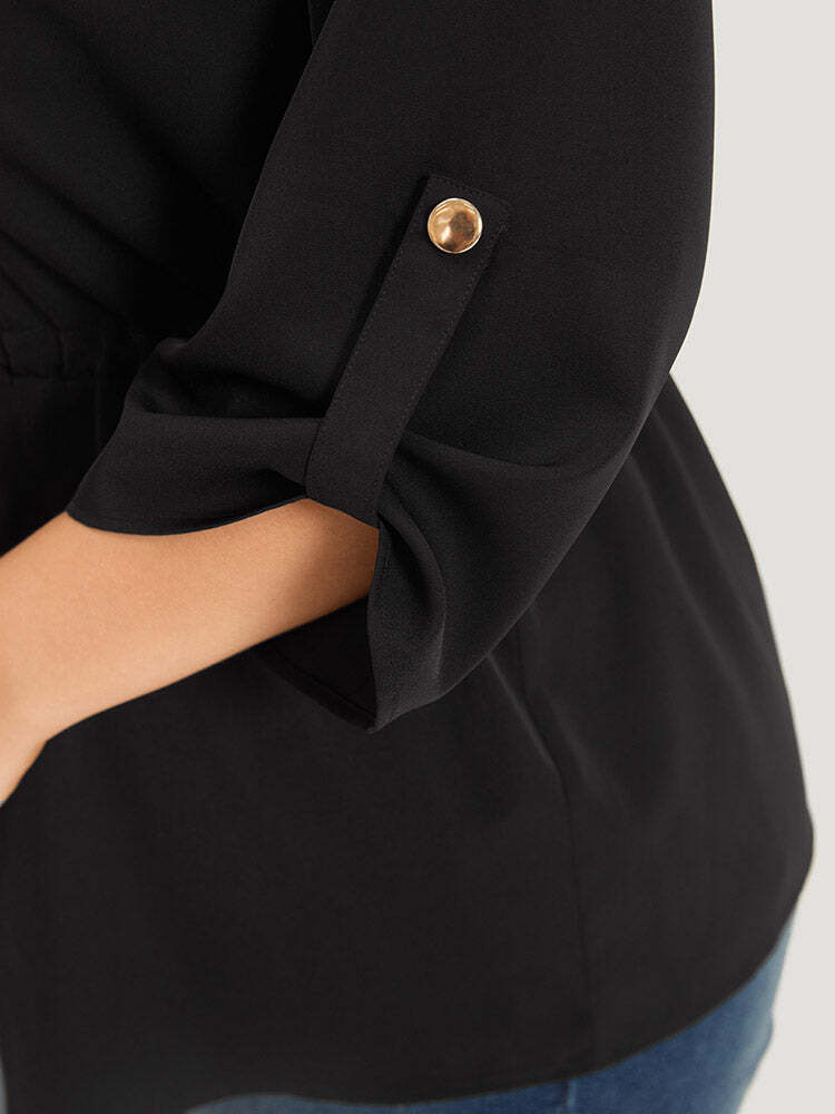 Anti-Wrinkle Plain Button Up Drawstring Tab Sleeve Blouse