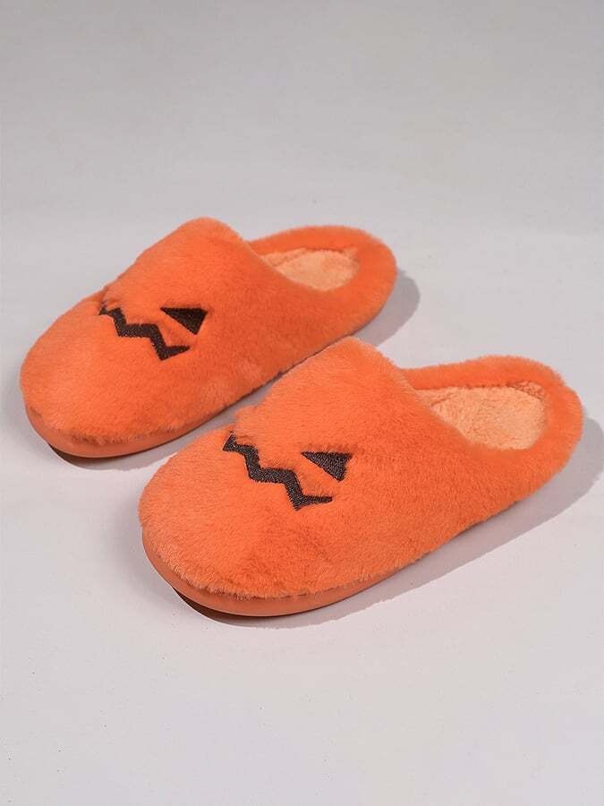 Women's Halloween Pumpkin Face Fur Slippers