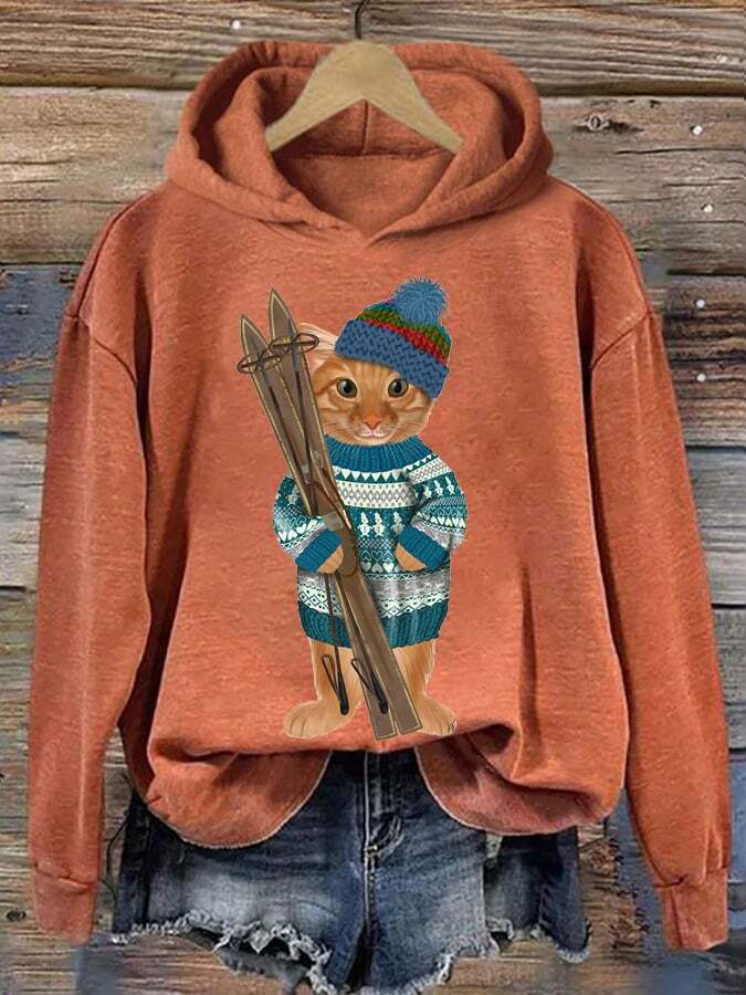 Women's Winter Ginger Ski Cat Print Hoodie