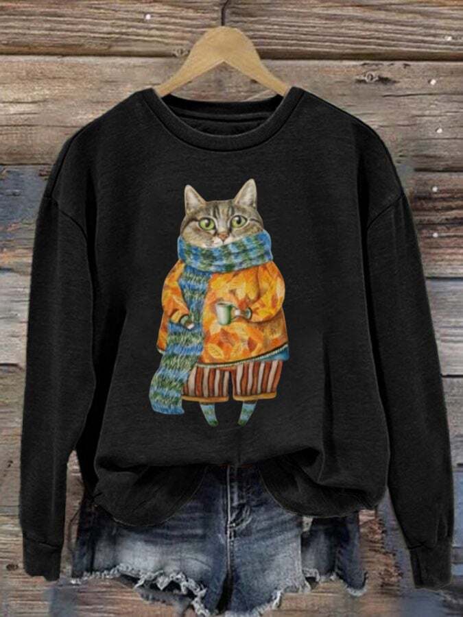 Women'S Cute Cat Print Crew Neck Sweatshirt