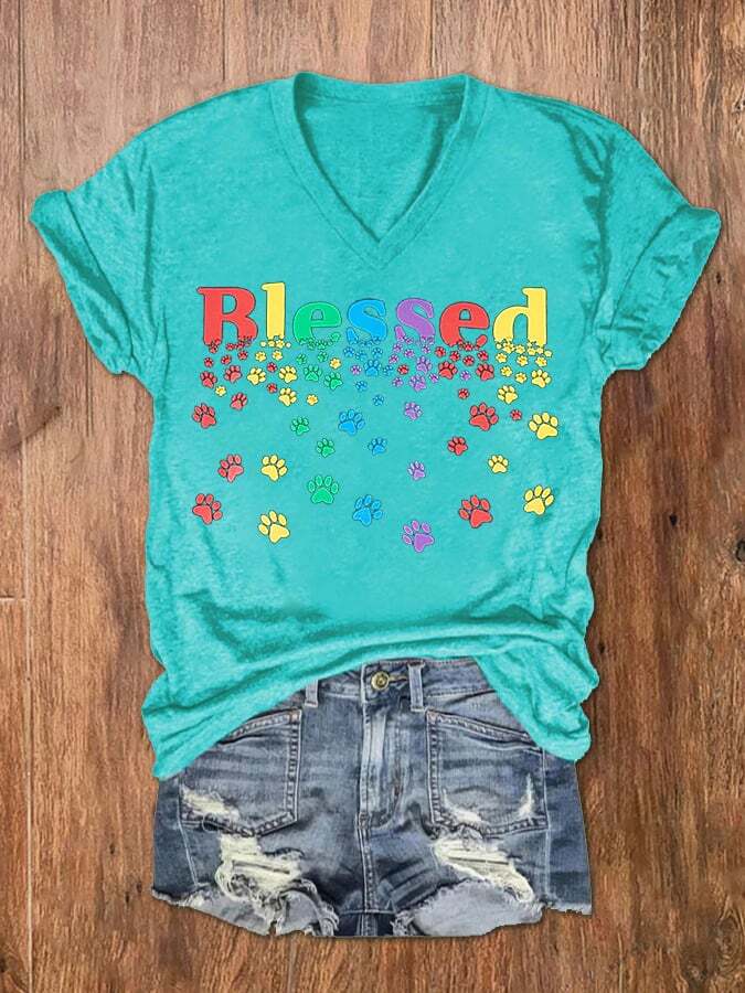 Women's Colorful Blessed Paws Dog Lover Casual V-Neck Tee