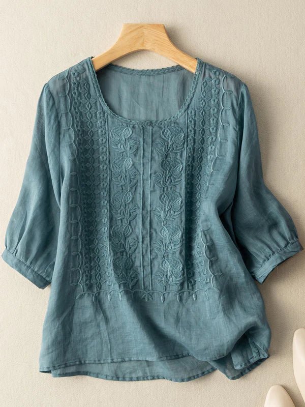 Embroidered Round Neck Half Sleeve Casual Linen Tee Top