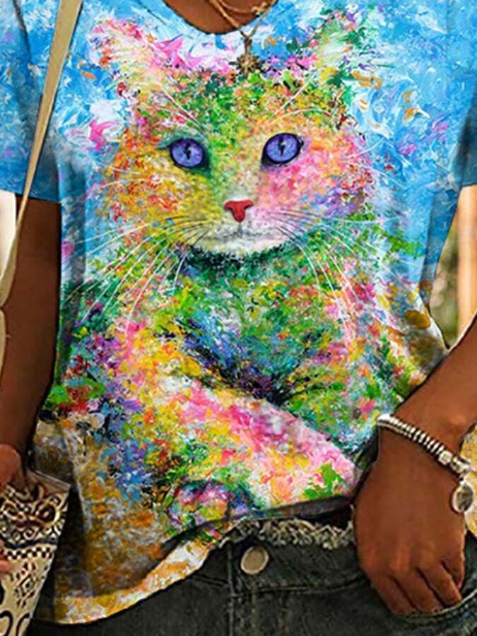 Watercolor Cat Print Short Sleeve T-Shirt