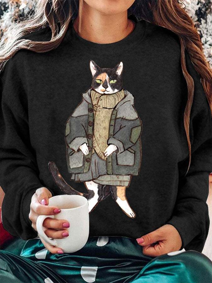 Women's Winter Cat Print Crew Neck Sweatshirt