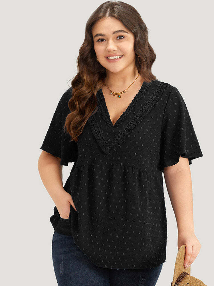 Polka Dot Frill Trim V Neck Flutter Blouse