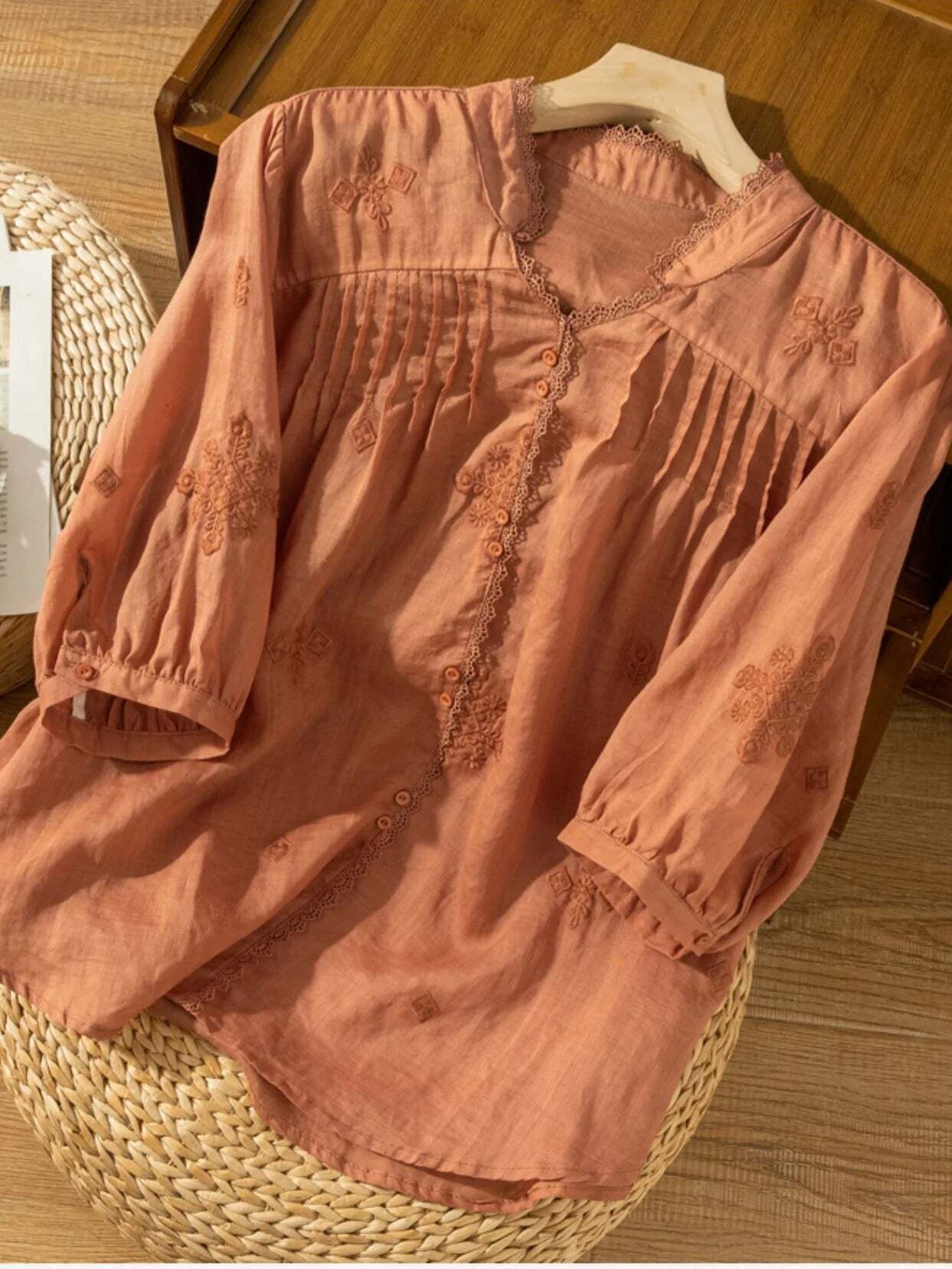 Embroidered V Neck 3/4 Sleeve Casual Linen Shirt Top