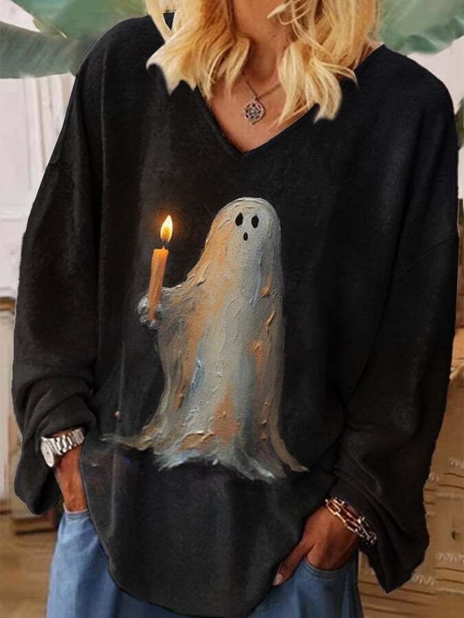 V Neck Retro Ghost Painting Candle Long Sleeve T-Shirt