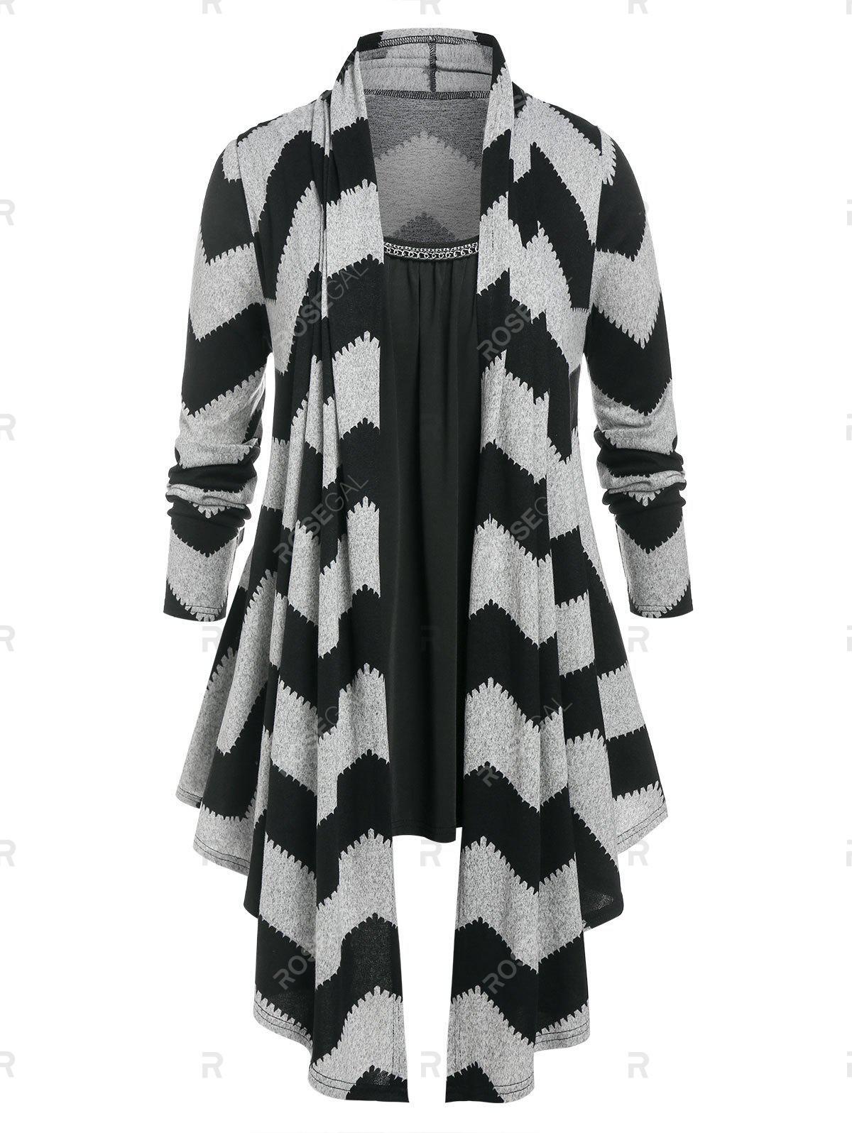 Asymmetric  Zigzag Cardigan Set and Flocking Lined Leggings Plus Size Outfit