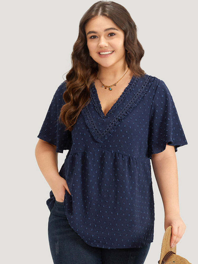 Polka Dot Frill Trim V Neck Flutter Blouse