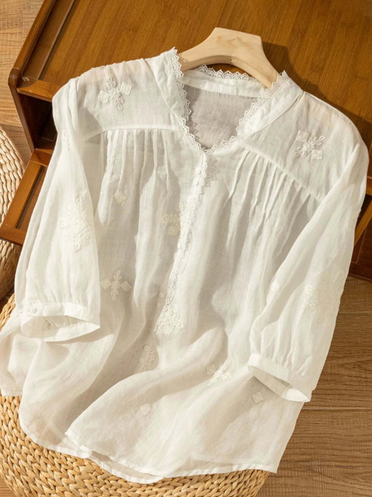 Embroidered V Neck 3/4 Sleeve Casual Linen Shirt Top