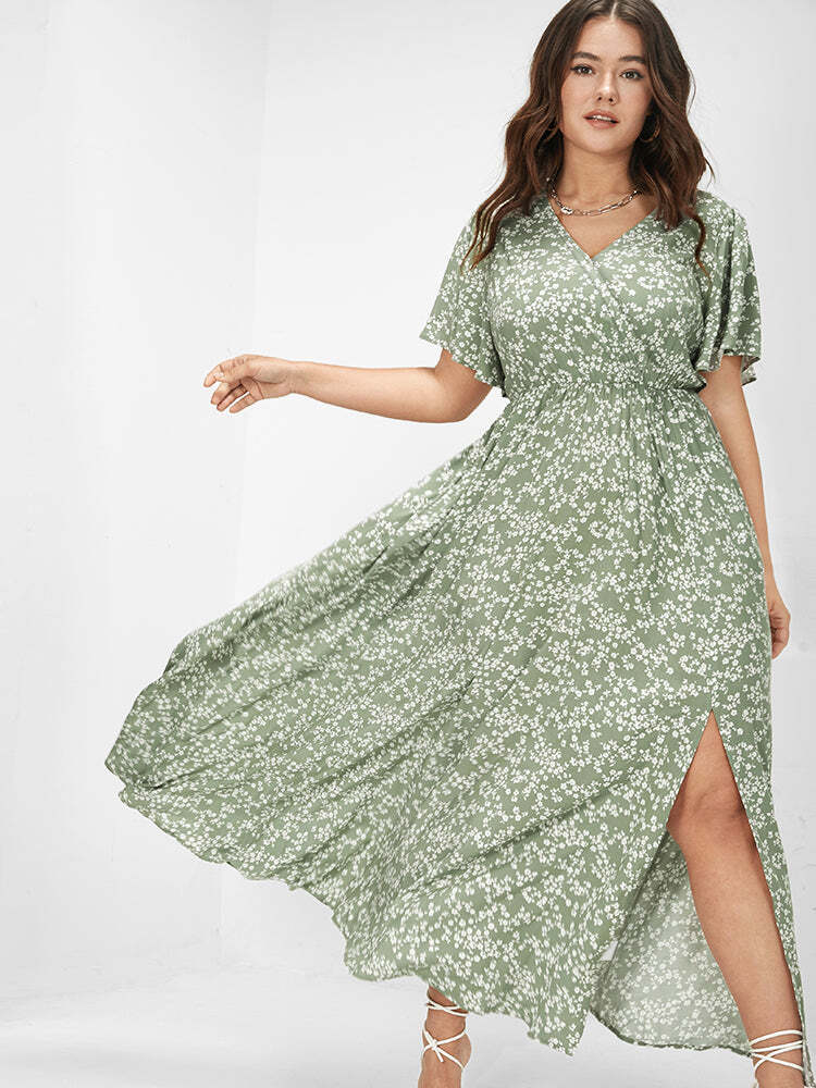 🌸Flutter Sleeve Ditsy Floral Pocket Split Maxi Dress