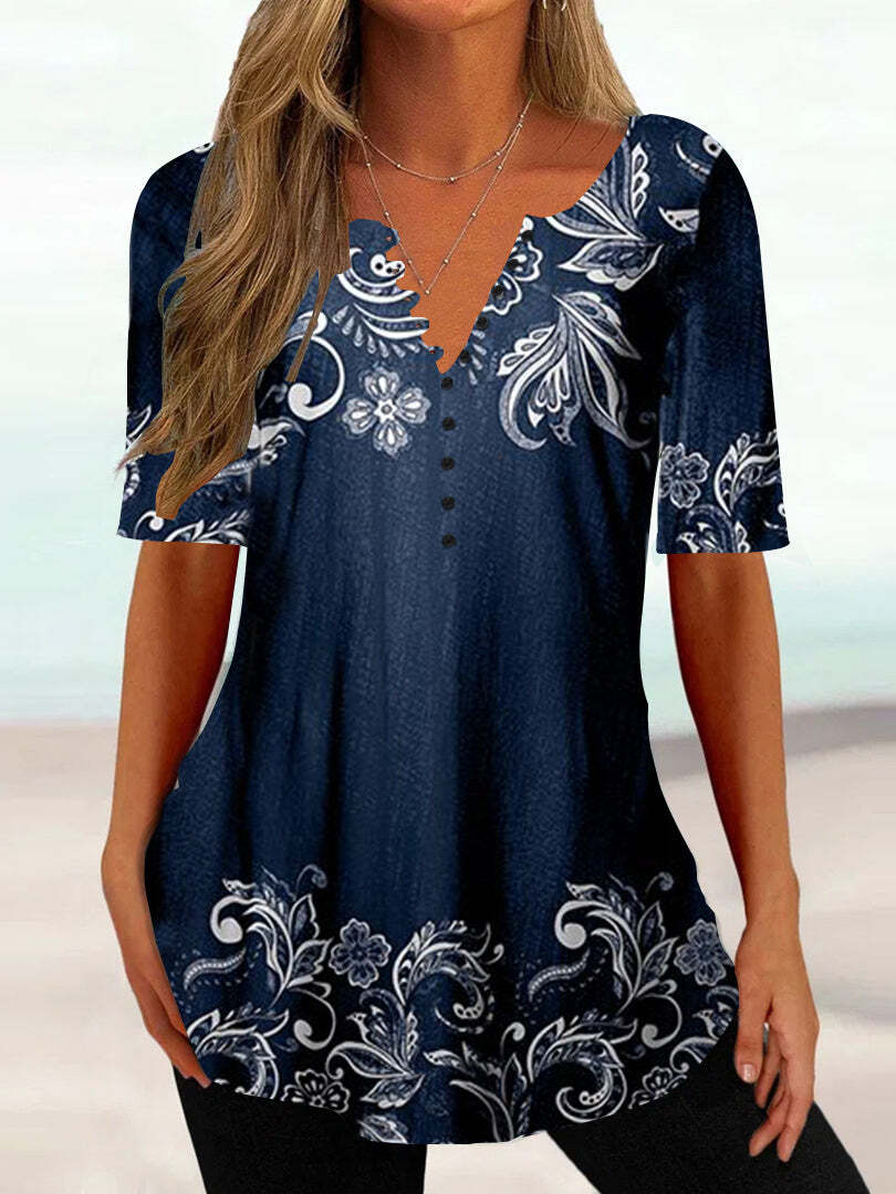 Women Half Sleeve V-neck Floral Printed Tops