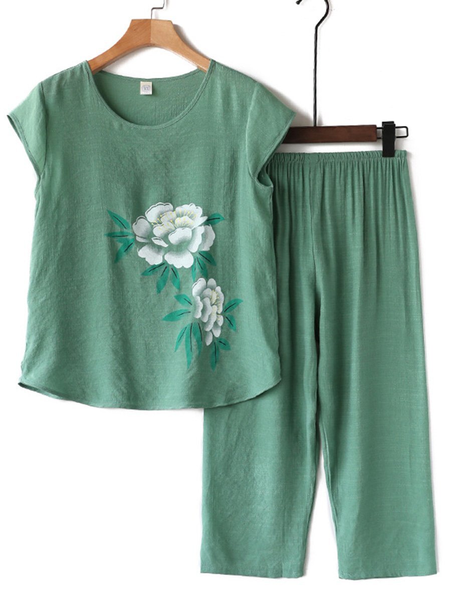 Cotton Linen Short Sleeved Thin Grandma Pajama Two-piece Set