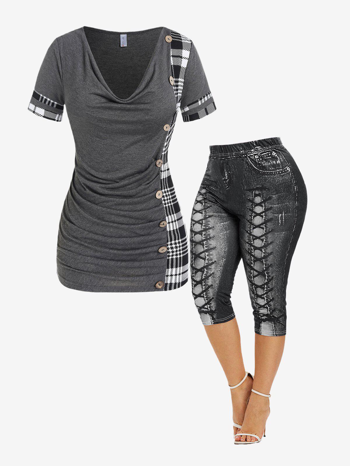 Plaid Cowl Neck Ruched Tee and 3D Lace Up Jean Print Leggings with Buttons Plus Size Outfit