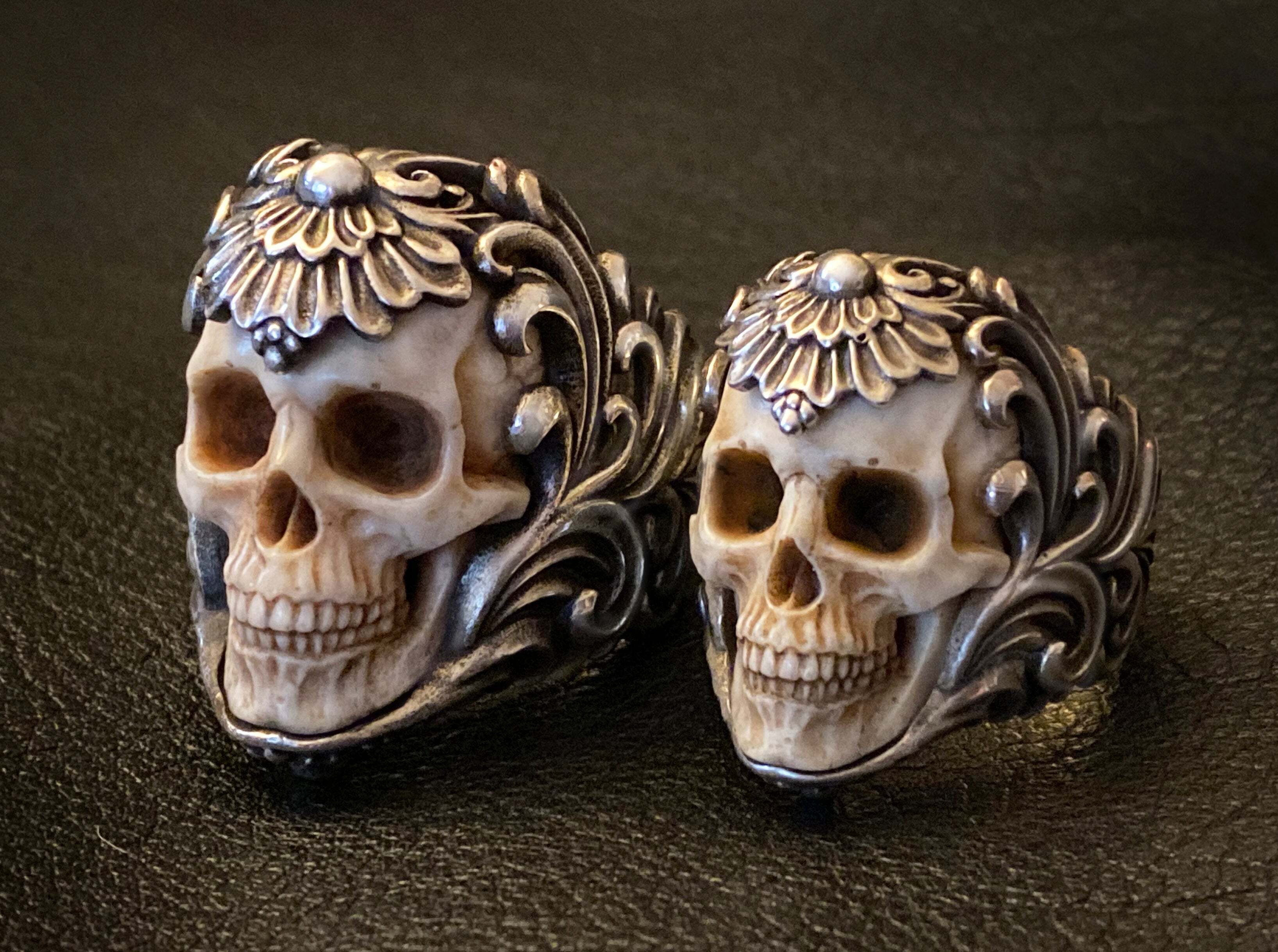 Vintage Polish Floral Armor Antler Skull Ring