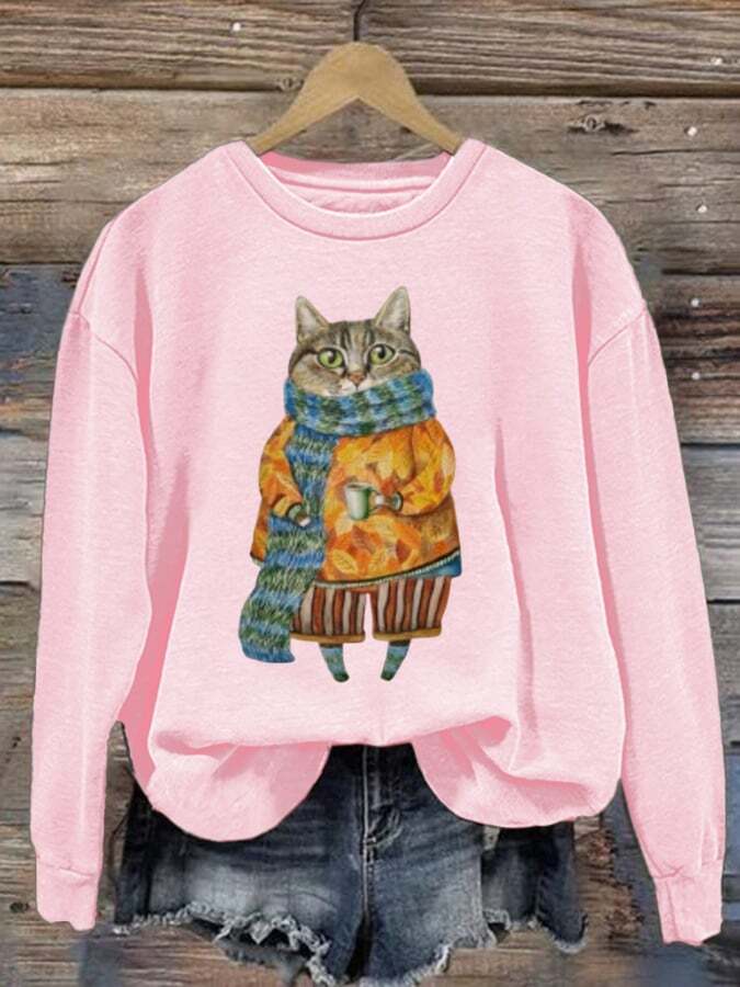 Women'S Cute Cat Print Crew Neck Sweatshirt