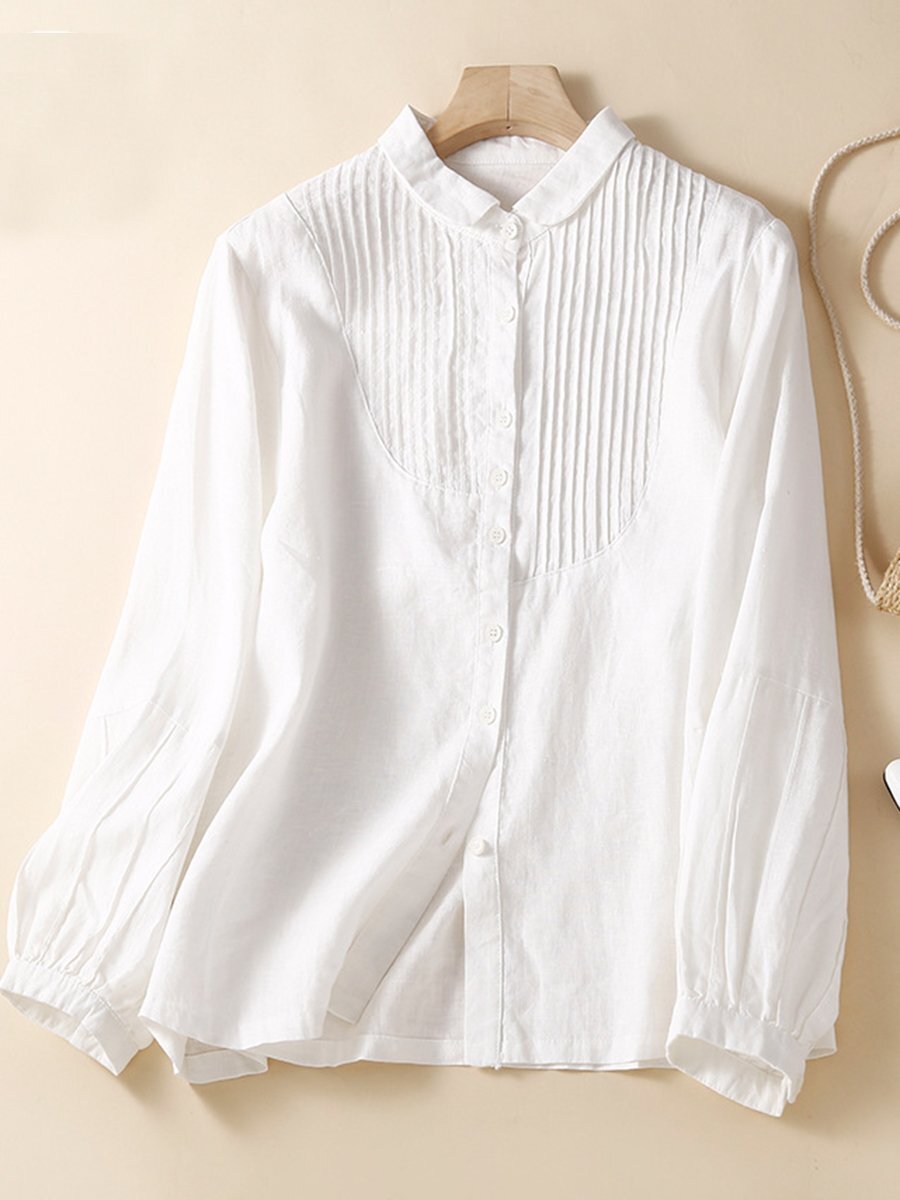 Polo Collar Long Sleeved Vintage Cotton And Linen Pleated Shirt