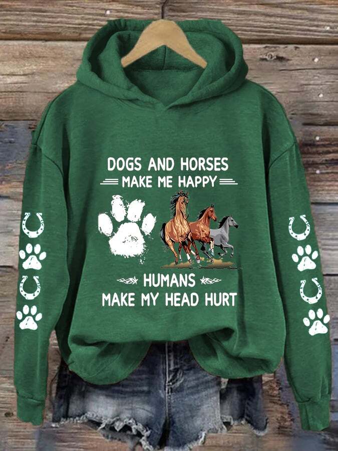 Women's Horses & Dogs Make Me Happy Humans Make My Head Hurt Dog Lovers Printed Casual Hoodie