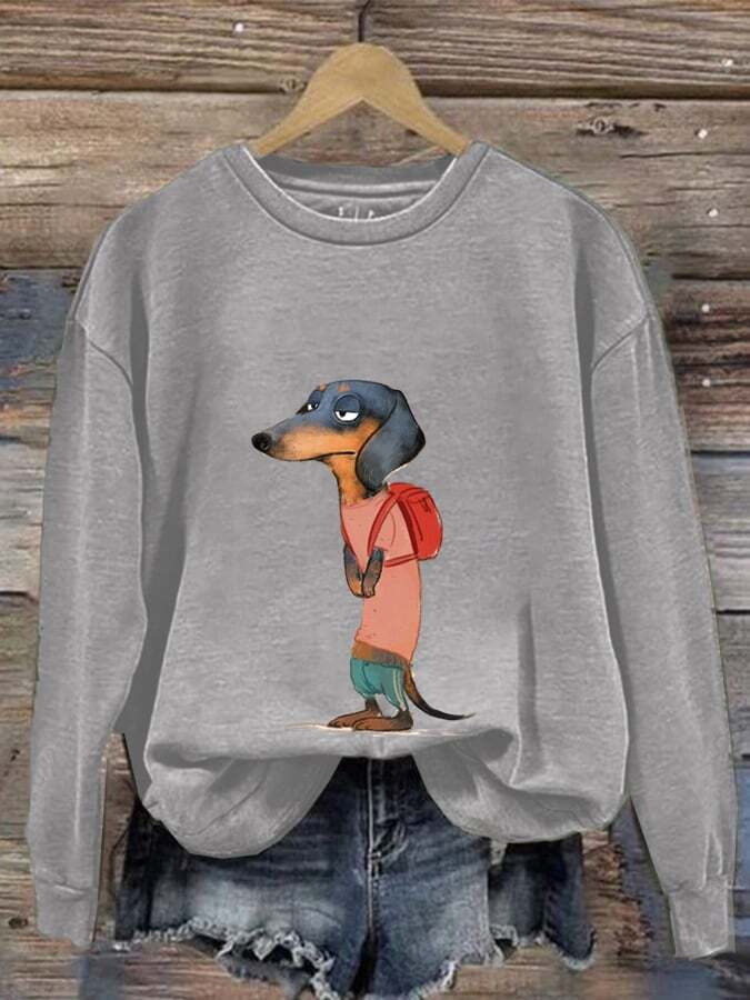 Women'S Cute Dog Print Crew Neck Casual Sweatshirt