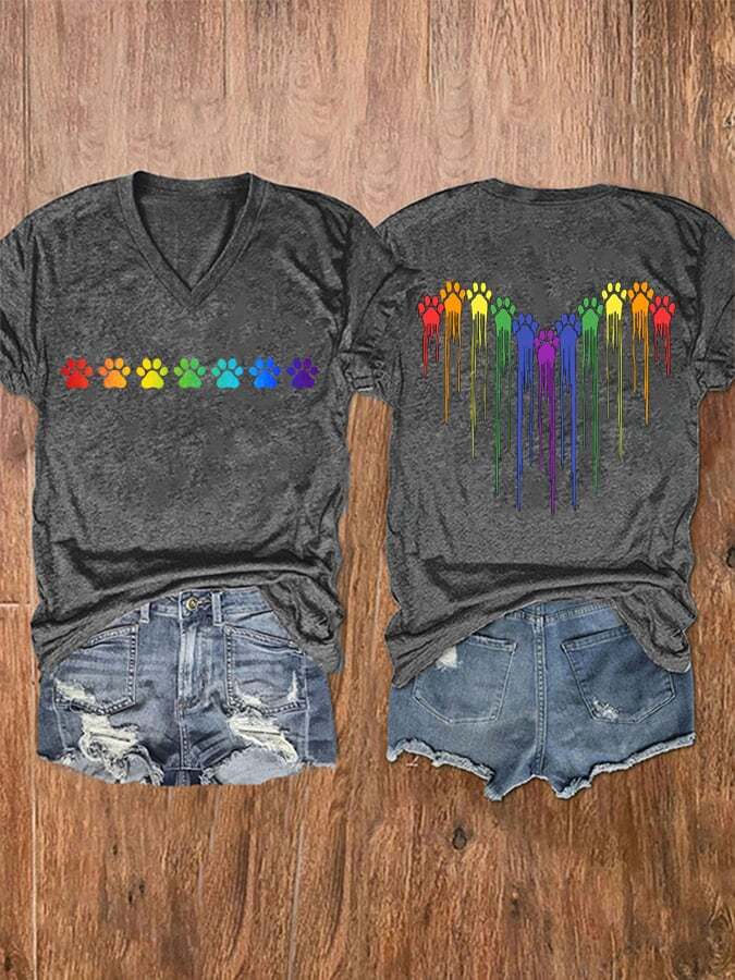 Women's Colorful Heart Dog Paw Print T-Shirt