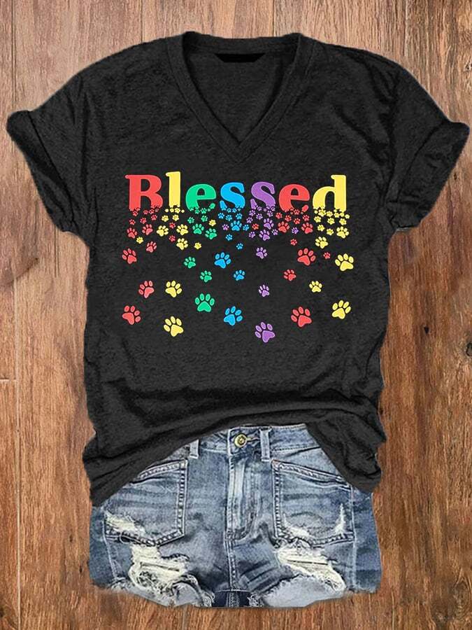 Women's Colorful Blessed Paws Dog Lover Casual V-Neck Tee