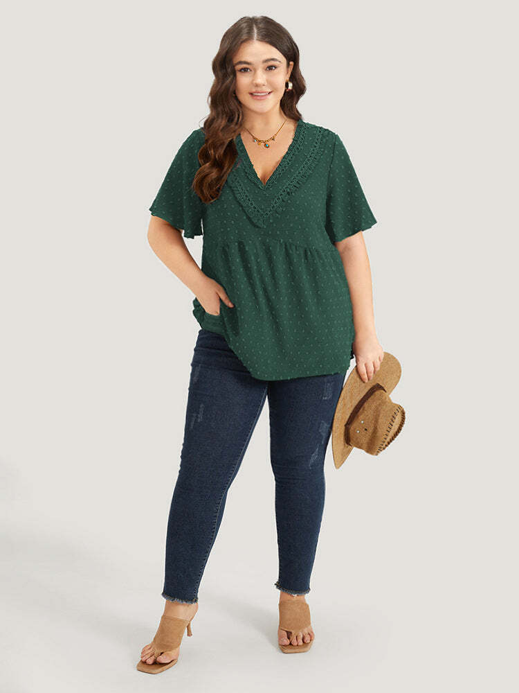 Polka Dot Frill Trim V Neck Flutter Blouse