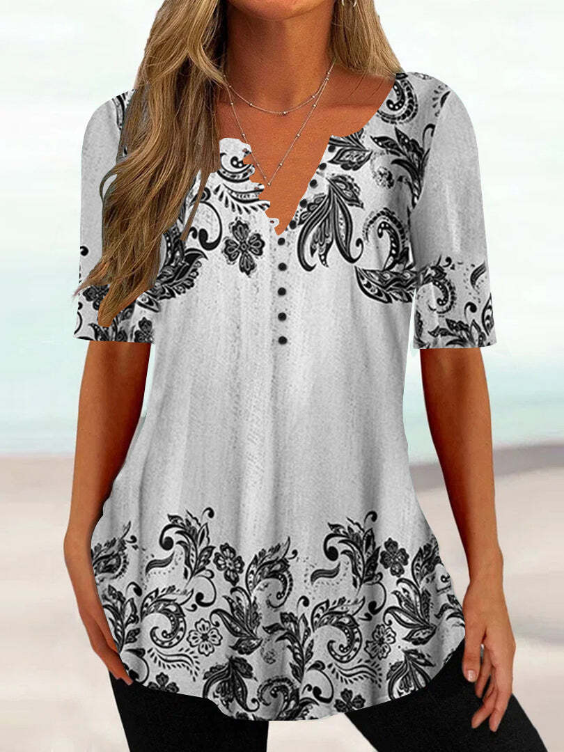 Women Half Sleeve V-neck Floral Printed Tops