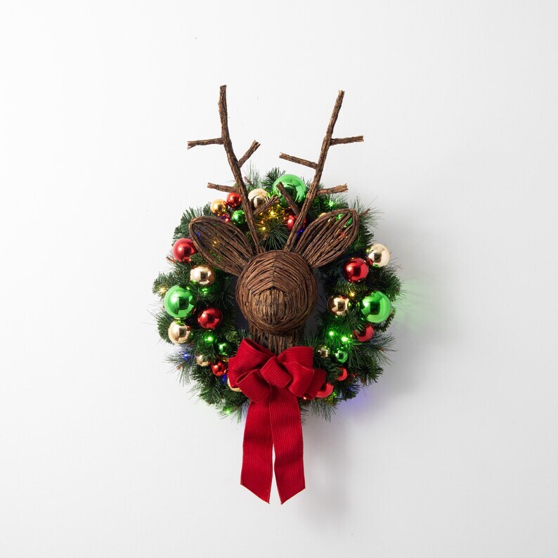 Multi Color PreLit Christmas Front Door Wreath with Rattan Deer Bust