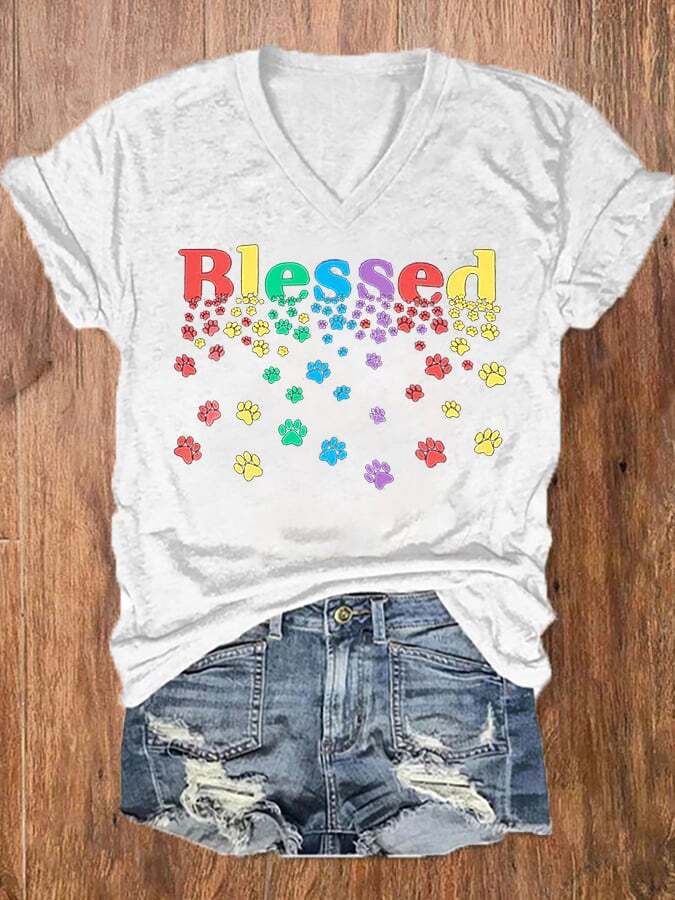 Women's Colorful Blessed Paws Dog Lover Casual V-Neck Tee