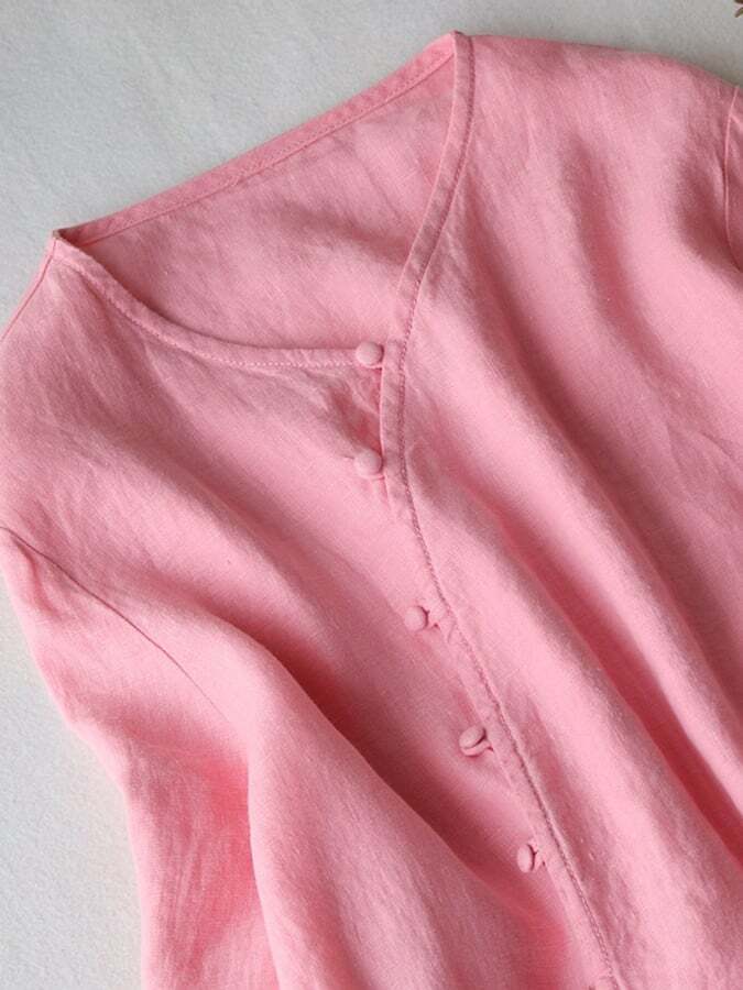 Cotton And Linen V-neck Diagonal Neckline Drawstring Open Button Dress