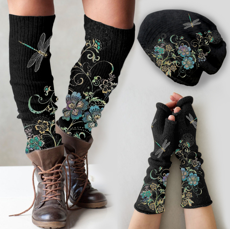 (Ship within 24 hours)Vintage dragonfly floral print knitted hat +leg warmers + fingerless gloves set